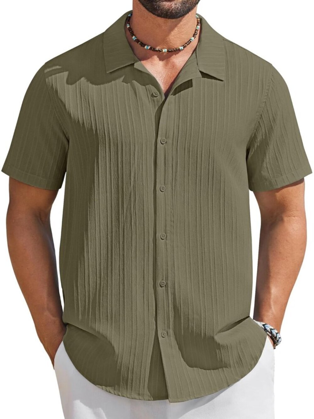 Men's Army Green Short Sleeve Casual Button Down Textured Summer Beach Shirt